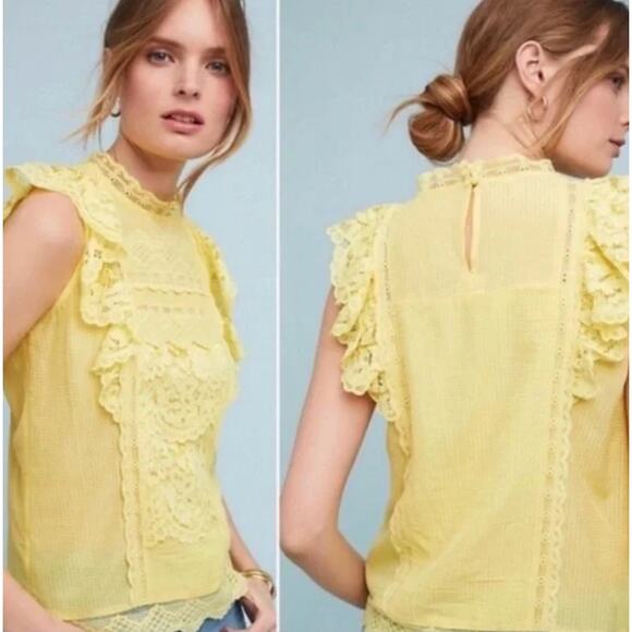 Maeve by Anthropologie Womens Victoria Lace Sleeveless Ruffle Yellow Blouse 4 - Picture 1 of 9